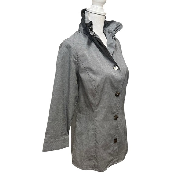 Ming Wang Check Stretch Cotton Poplin Ruffle Stand Collar Button Front Blouse XS - Picture 6 of 15